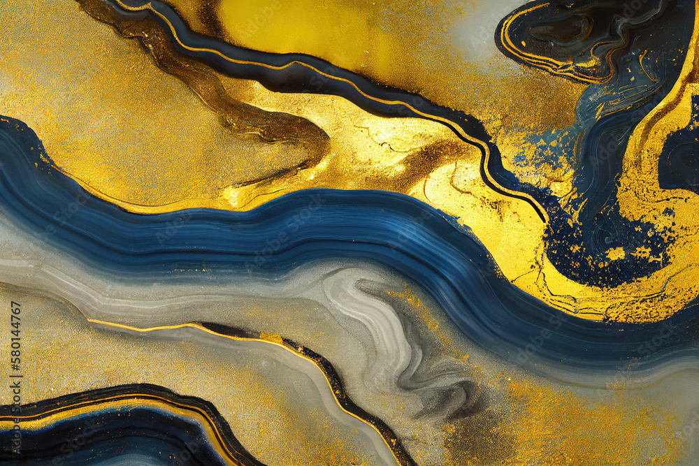 Blue and golden acrylic liquid ink swirl abstract background with ...