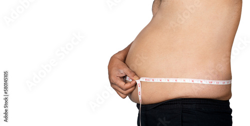 Quadro su tela Obese man holding a measuring tape around his waist