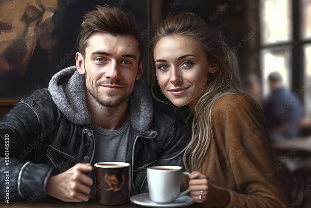 Happy millennial couple in love talking sitting at coffee house Happy millennial couple in love talking sitting at coffee house