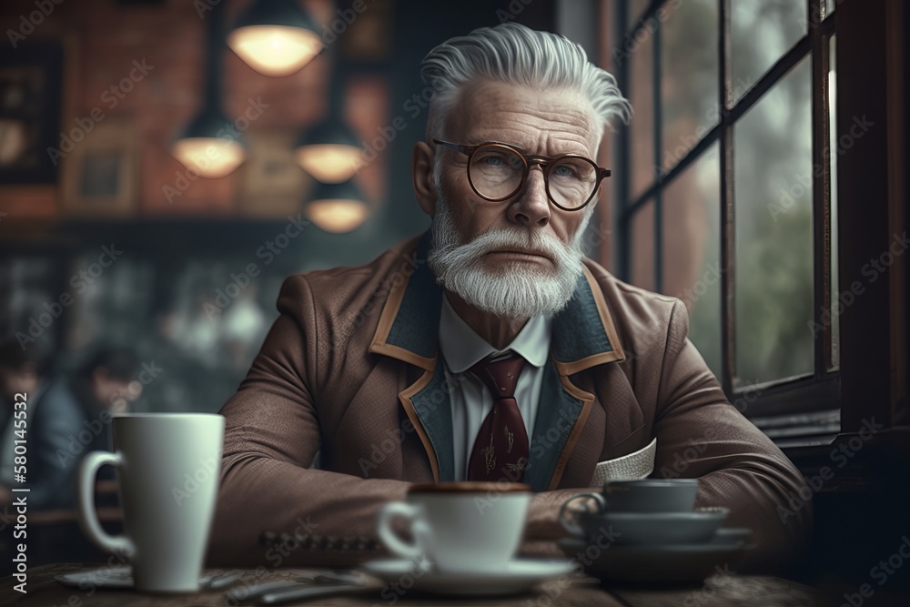 Happy mature businessman having coffee break in cafe. Happy mature businessman having coffee break in cafe.
