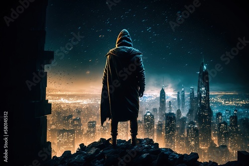 A person in a hoodie standing atop a rooftop, gazing at a neon, cyberpunk cityscape during a misty night, generative ai