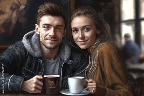 Happy millennial couple in love talking sitting at coffee house