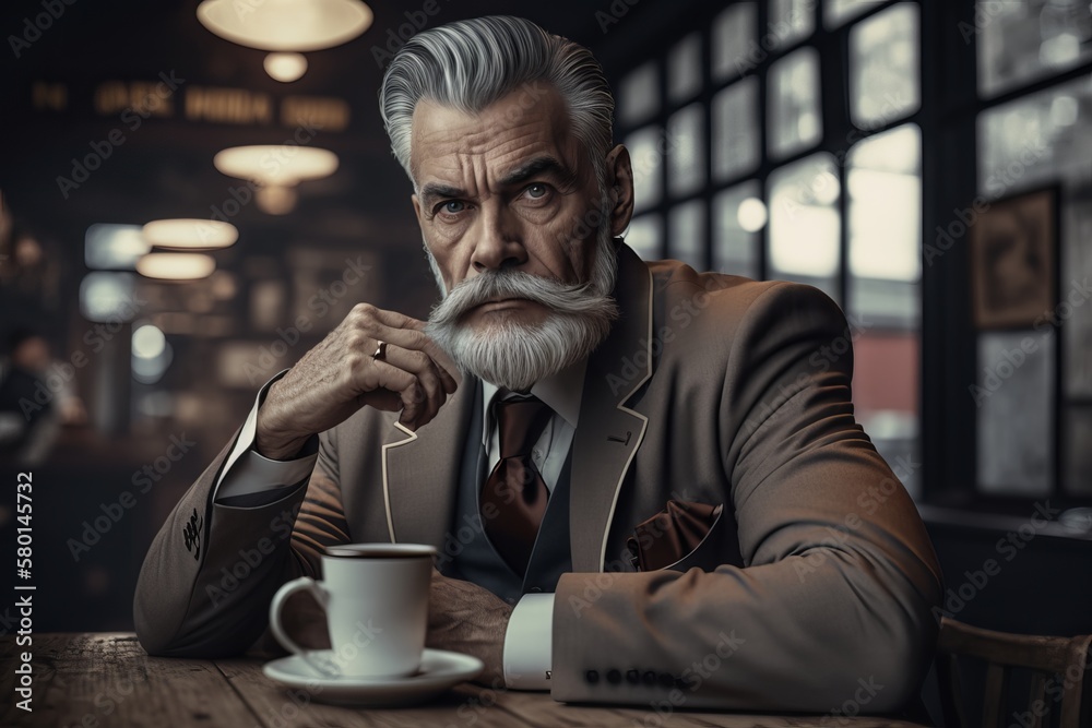 Happy mature businessman having coffee break in cafe. Happy mature businessman having coffee break in cafe.