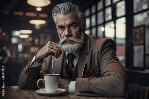 Happy mature businessman having coffee break in cafe.