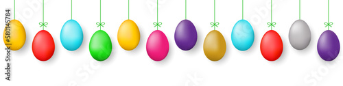 Hanging easter eggs seamless border .Set of simple colorful eggs. Happy Easter seamless pattern or border. Easter decoration with painted eggs