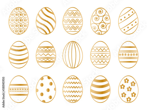 Easter Eggs collection.Set of golden Easter eggs simple line icons. Vector icons of eggs with ornament in flat design. Painted and golden Easter eggs