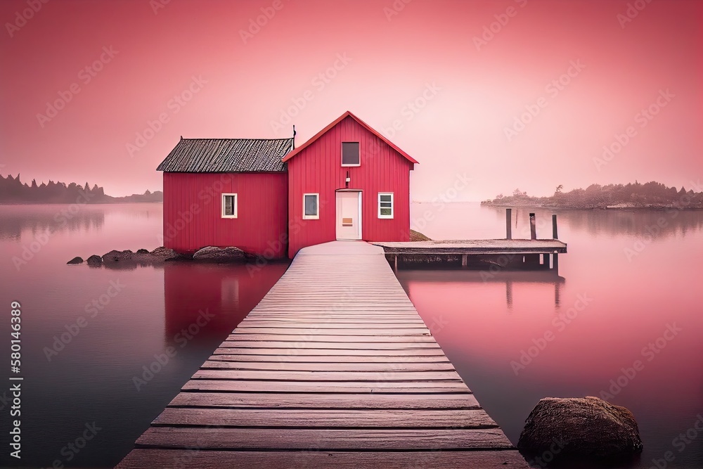 Fototapeta premium Beautiful idyllic island in the Nordic archipelago with a cute red cottage, Norwegian architecture - generative ai