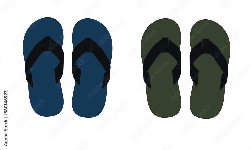 A set of drawings of slippers in blue - green colors on a black sole. Pattern of a pair of rubber-soled sandals. Sketch of summer open slippers, vector.