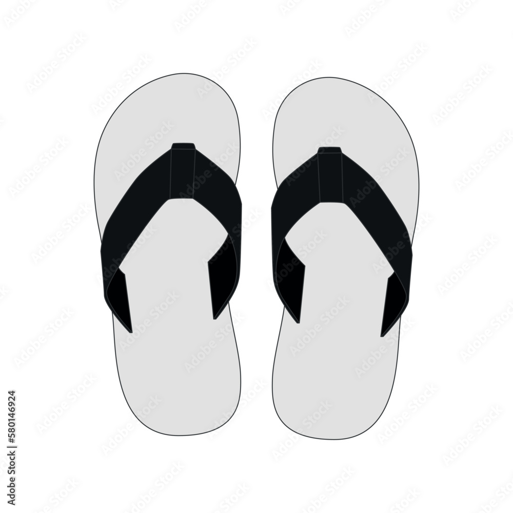 Vector drawing of flip flops. Pattern of a pair of sandals in black with a white sole. Sketch of summer open slippers for summer holidays, vector. Vector drawing of flip flops. Pattern of a pair of sandals in black with a white sole. Sketch of summer open slippers for summer holidays, vector.