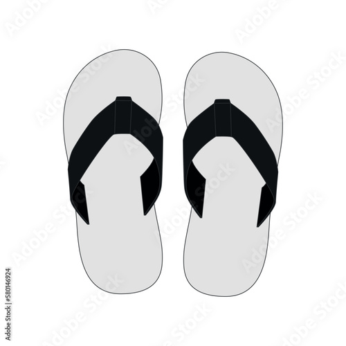 Vector drawing of flip flops. Pattern of a pair of sandals in black with a white sole. Sketch of summer open slippers for summer holidays, vector.