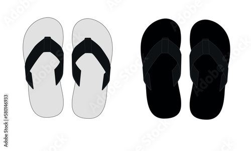 Set of flip flops drawings in black and white colors, vector. Pattern of a pair of rubber-soled sandals. Sketch of summer open slippers for summer holidays, vector.