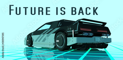 Retro futuristic car against bright turquoise background with text 