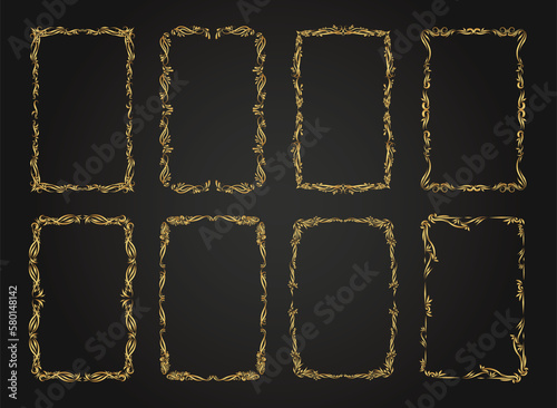 Luxury decorative golden frames. Retro ornamental frame, vintage rectangle ornaments & ornate border. Decorative wedding frames, antique museum image borders. Isolated vector icons set