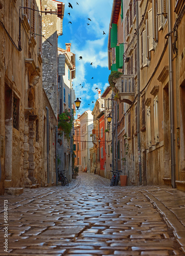 Street of Rovinj with calm, colorful building facades, Istria, Rovinj is a tourist destination on Adriatic coast of Croatia.Traveling concept background