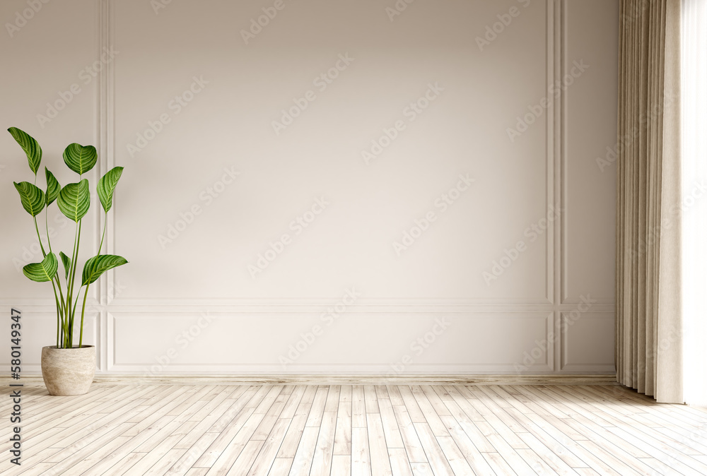 Empty room interior background, beige wall, pot with plant, wooden flooring 3d rendering - obrazy, fototapety, plakaty 
