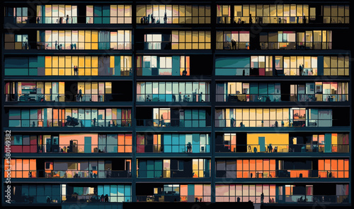 Apartment building in the evening. Abstract vector illustration