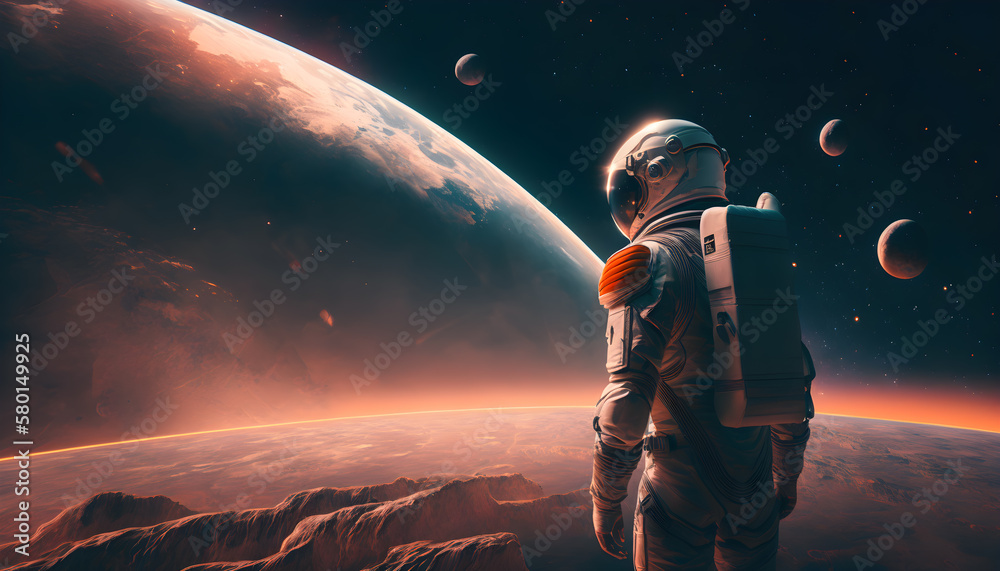 An astronaut standing in space facing towards the planets generative ai