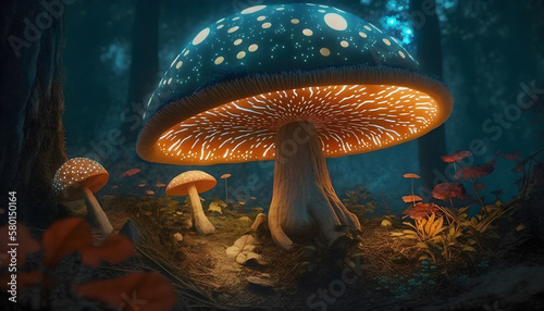 Fantasy Mushroom in mistry forest generative ai photo