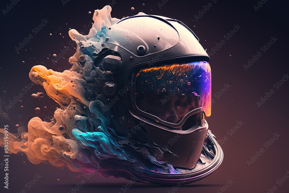 a motorcycle helmet with colorful smoke coming out of the side of the
