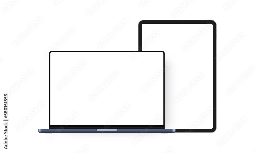 Laptop Blue Mockup, Tablet Computer With Blank Screens, Isolated on White Background. Vector Illustration Laptop Blue Mockup, Tablet Computer With Blank Screens, Isolated on White Background. Vector Illustration