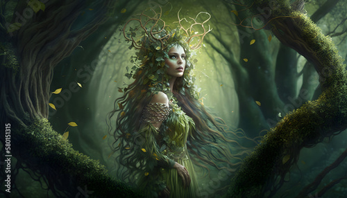 Beautiful dryad goddess in forest dryad goddess merging with a magical forest generative ai
