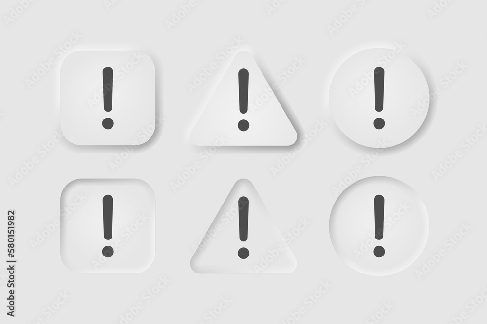 Alert button in neumorphism style. Icons for business, white user interface. UI, UX. Warning symbol. Error, attention, danger, exclamation sign, road sign. Neumorphic, line style. Vector illustration Alert button in neumorphism style. Icons for business, white user interface. UI, UX. Warning symbol. Error, attention, danger, exclamation sign, road sign. Neumorphic, line style. Vector illustration