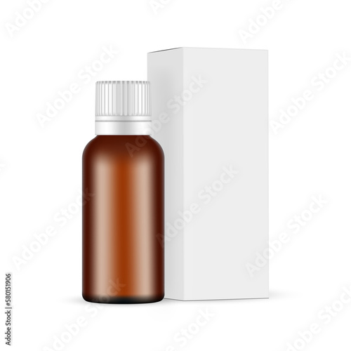 Amber Bottle for Cough Syrup, Packaging Box, Isolated on White Background. Vector Illustration