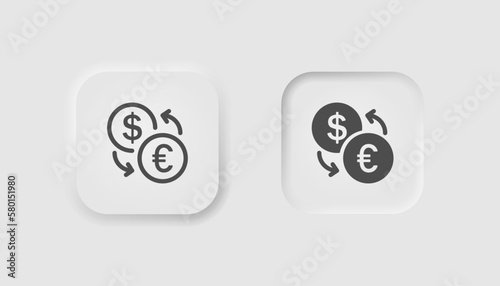 Currency exchange icon in neumorphism style. Icons for business, white UI, UX. Editable stroke. Money conversion symbol. Economy,  crisis, swap, transfer. Neumorphic style. Vector illustration.