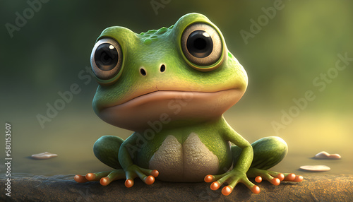 A cute adorable baby frog rendered in the style of children-friendly cartoon animation fantasy style generative ai