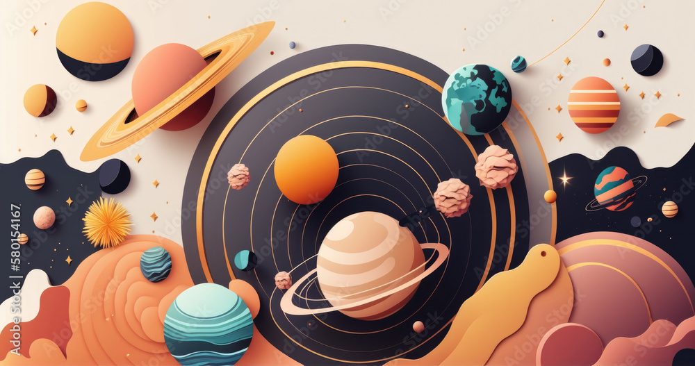 system in the space, lot of planets in vector style, abstract composition, earth, Jupiter, Saturn, AI 