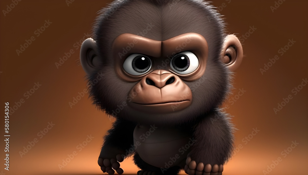 Obraz premium A cute adorable baby gorilla rendered in the style of children-friendly cartoon animation fantasy style generative ai