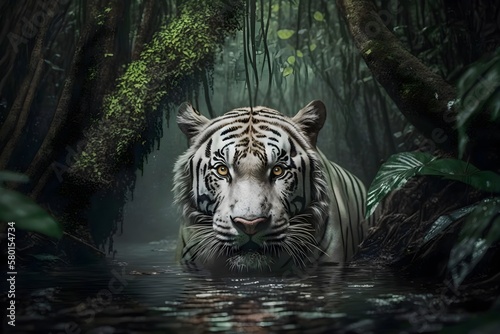Fototapeta Naklejka Na Ścianę i Meble -  White Tiger swimming in the jungle | Ai Generated animal illustrations/backgrounds/wallpapers |