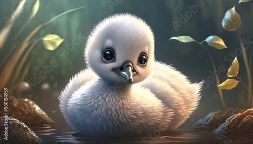 A cute adorable baby swan rendered in the style of children-friendly cartoon animation fantasy style generative ai