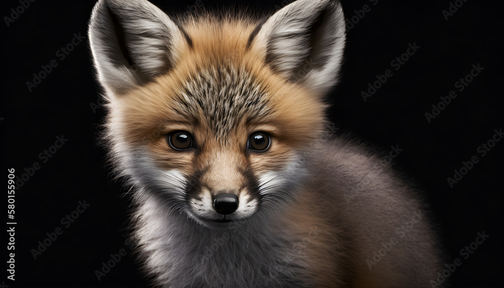 Portrait of a baby fox on a black background generative ai