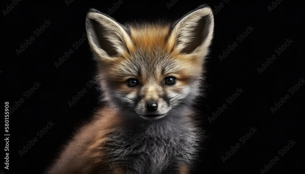 Fototapeta premium Portrait of a baby fox on a black background generative ai