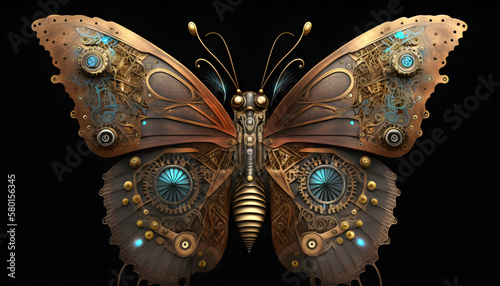 Steampunk style butterfly Isolated in black 3D render generative ai