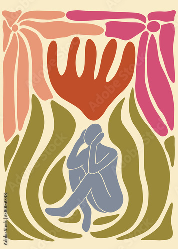 Naturalist Wall Art. Flower posters with human silhouette. Botanical illustrations in minimalist colors and simple style. Floral templates. 