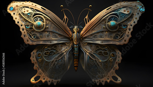 Steampunk style butterfly Isolated in black 3D render generative ai