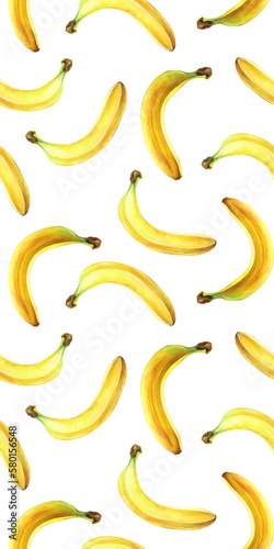 Seamless pattern with bananas isolated on transparent background, PNG. Watercolor illustration.