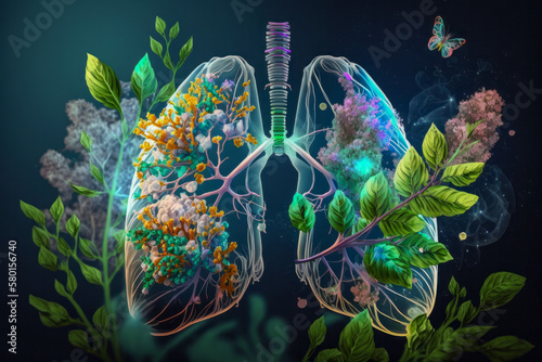 Human lungs covered in greenery, leaves and flowers. Abstract illustration. Health, Respiratory system health concept. Breathing.
 photo