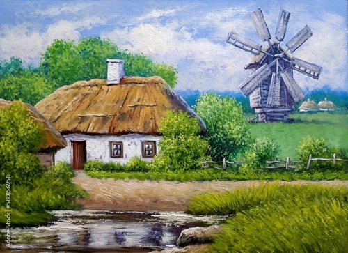 Oil paintings rural landscape with windmill and river, ukrainian windmill in the village, artwork, fine art