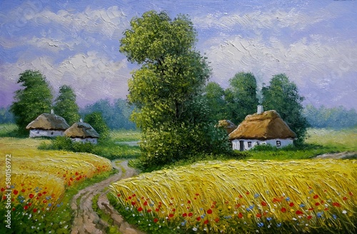 Oil paintings rural landscape with windmill and river, ukrainian windmill in the village, artwork, fine art