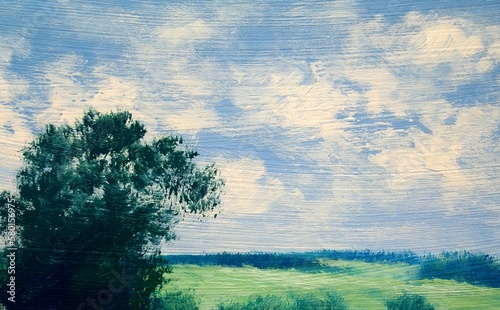 Oil paintings rural landscape with windmill and river, ukrainian windmill in the village, artwork, fine art