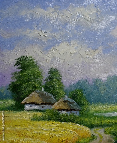 Oil paintings rural landscape with windmill and river, ukrainian windmill in the village, artwork, fine art