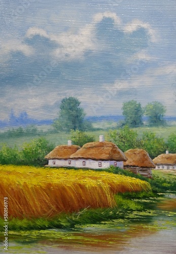 Oil paintings rural landscape with windmill and river, ukrainian windmill in the village, artwork, fine art