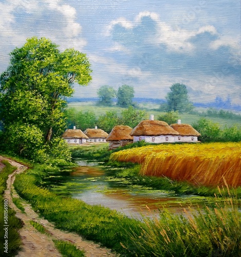 Oil paintings rural landscape with windmill and river, ukrainian windmill in the village, artwork, fine art