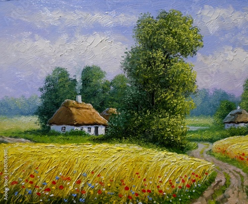 Oil paintings rural landscape with windmill and river, ukrainian windmill in the village, artwork, fine art
