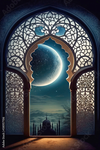 Moonlight shines through window into islamic mosque. Generative AI. photo