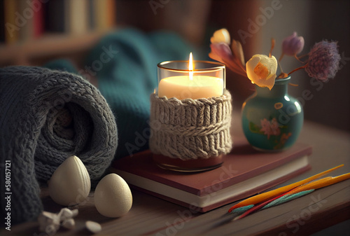 A candle on a table with books  Generative ai