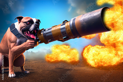 Dog with bazooka a shotsin cartoon. Bazooka in hands of evil dog. Evil and comical dog holds a bazooka in his hands and shoots, Fire from a bazooka in dog's hand. Machine gun shooting, Generative AI